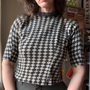 Vintage 50s Wool Diamond Knit Top | Mod Atomic Pattern Sweater Top | Size S/M